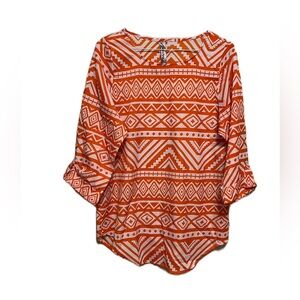 Women’s BAMBOO, Boat Neck, Roll Up Sleeves, Uneven Hem Top, Orange/White, Med